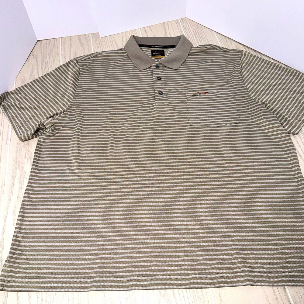 Mens Greg Norman Play Dry Five Iron Polo Shirt XL Beige/White Striped Pocket